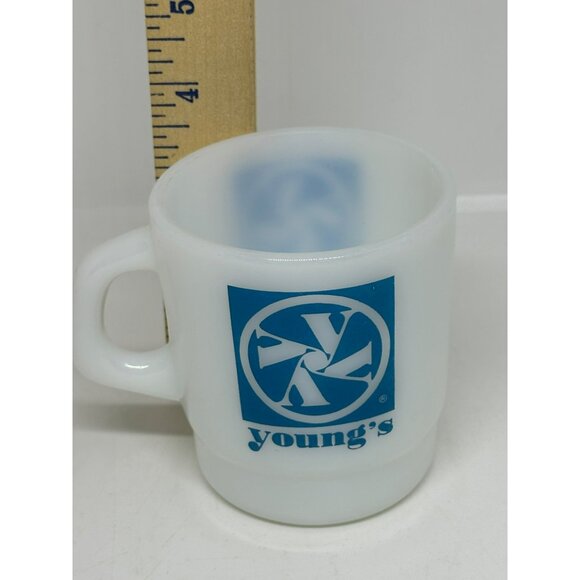VTG Young’s Federals Milk Glass Coffee Mug White Milk Glass with Blue Logo 3.5" - Picture 2 of 5